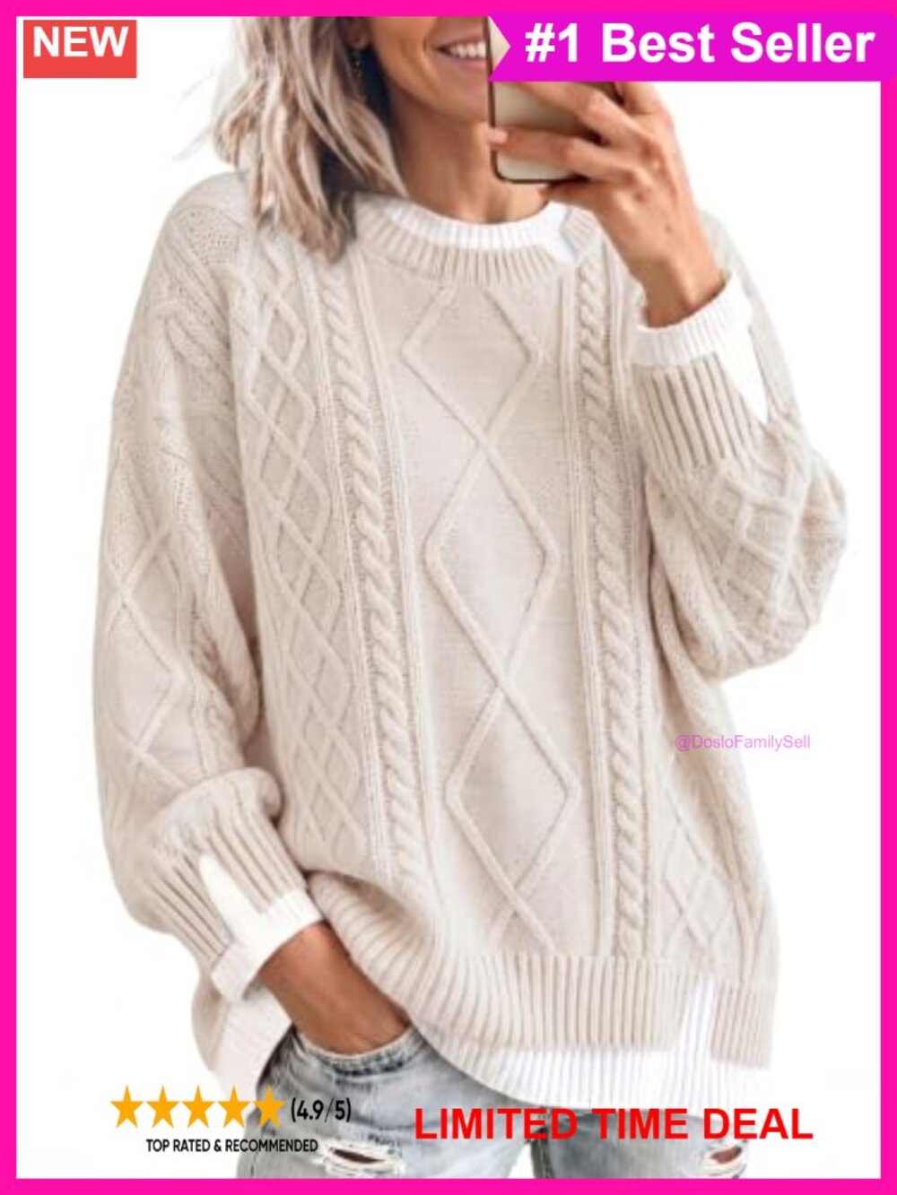 Cable Knit Sweater Oversized Chunky Crewneck Pullover Women